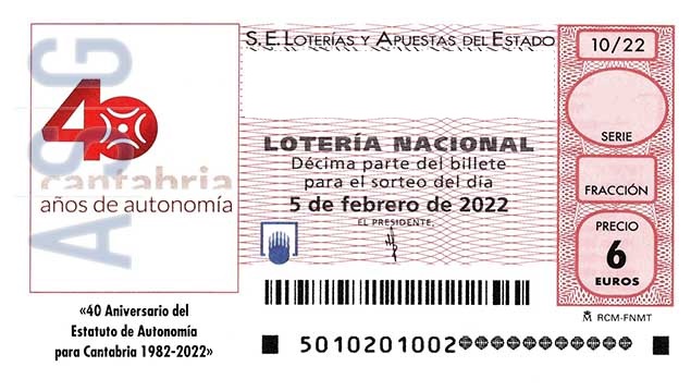 Décimo 92817 del sorteo 10-05/02/2022 Sábado