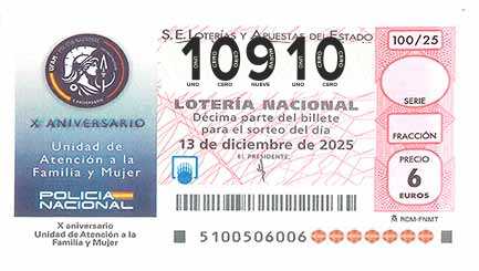 Décimo 10910 del sorteo 100-13/12/2025 Sábado