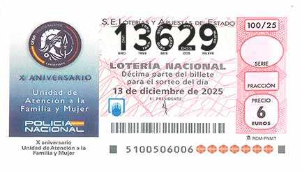 Décimo 13629 del sorteo 100-13/12/2025 Sábado