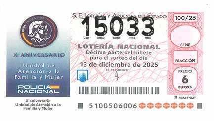 Décimo 15033 del sorteo 100-13/12/2025 Sábado