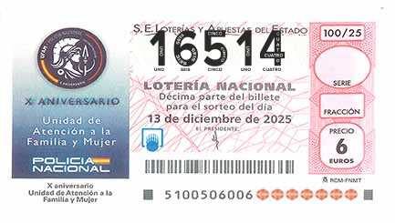 Décimo 16514 del sorteo 100-13/12/2025 Sábado