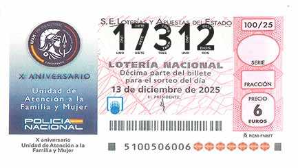 Décimo 17312 del sorteo 100-13/12/2025 Sábado