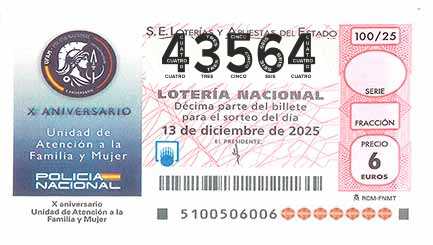 Décimo 43564 del sorteo 100-13/12/2025 Sábado