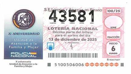 Décimo 43581 del sorteo 100-13/12/2025 Sábado