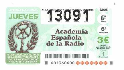 Décimo de Lotería con el número 13091