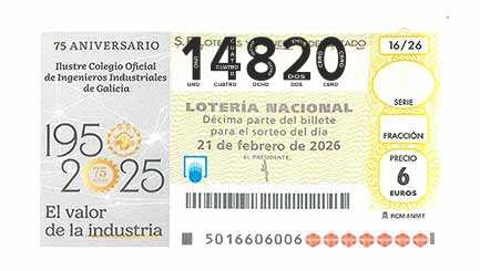 Décimo 14820 del sorteo 16-21/02/2026 Sábado