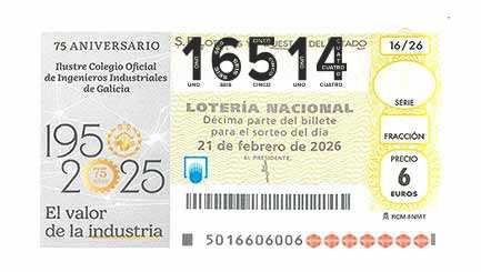 Décimo 16514 del sorteo 16-21/02/2026 Sábado