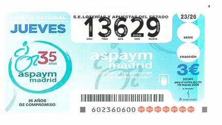 Décimo 13629 del sorteo 23-19/03/2026 Jueves