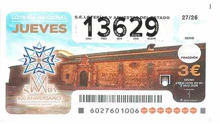 Décimo 13629 del sorteo 27-02/04/2026 Jueves