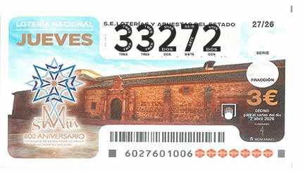 Décimo 33272 del sorteo 27-02/04/2026 Jueves