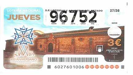 Décimo 96752 del sorteo 27-02/04/2026 Jueves