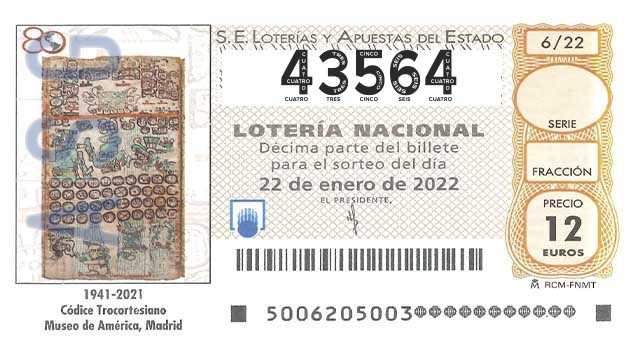 Décimo 43564 del sorteo 6-22/01/2022 Sábado