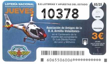 Décimo 10378 del sorteo 65-14/08/2025 Jueves