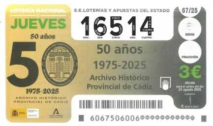 Décimo 16514 del sorteo 67-21/08/2025 Jueves
