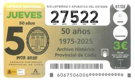 Décimo 27522 del sorteo 67-21/08/2025 Jueves