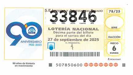 Décimo 33846 del sorteo 78-27/09/2025 Sábado