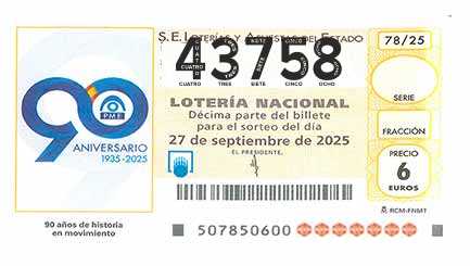 Décimo 43758 del sorteo 78-27/09/2025 Sábado