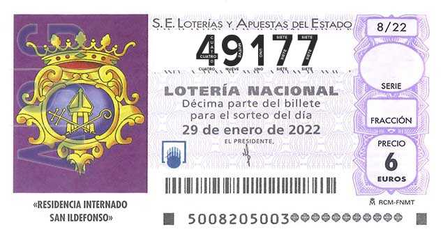 Décimo 49177 del sorteo 8-29/01/2022 Sábado