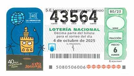 Décimo 43564 del sorteo 80-04/10/2025 Sábado