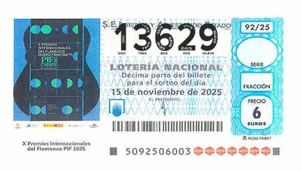 Décimo 13629 del sorteo 92-15/11/2025 Sábado