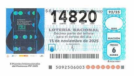 Décimo 14820 del sorteo 92-15/11/2025 Sábado