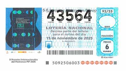 Décimo 43564 del sorteo 92-15/11/2025 Sábado