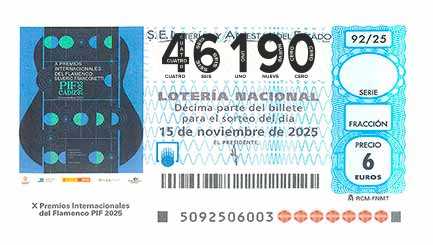 Décimo 46190 del sorteo 92-15/11/2025 Sábado