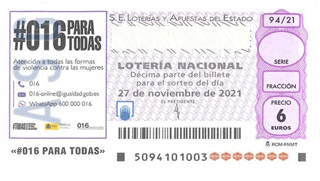 Décimo 38542 del sorteo 94-27/11/2021 Sábado