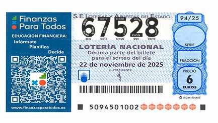 Décimo 67528 del sorteo 94-22/11/2025 Sábado